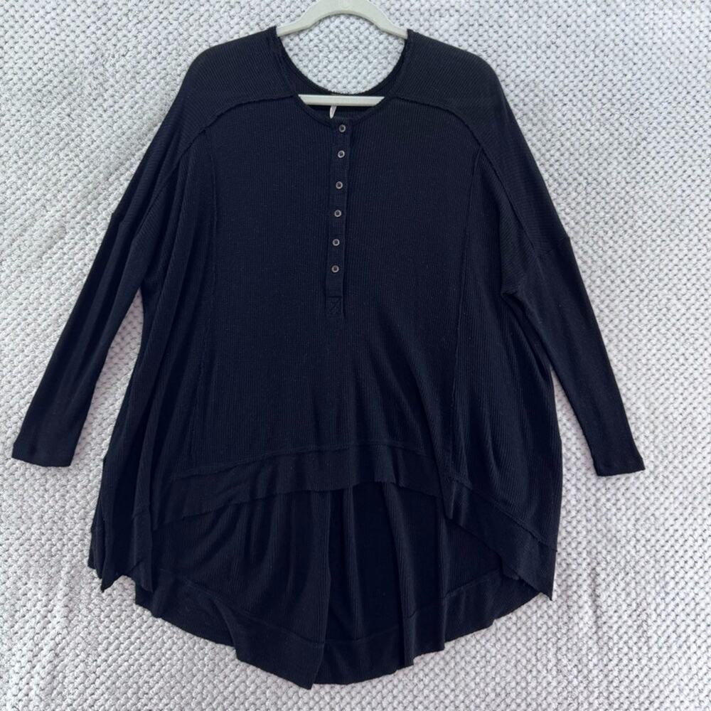 Free People Oversized Thermal Henley Top S Black Waffle KnitWhimsigoth Witchy